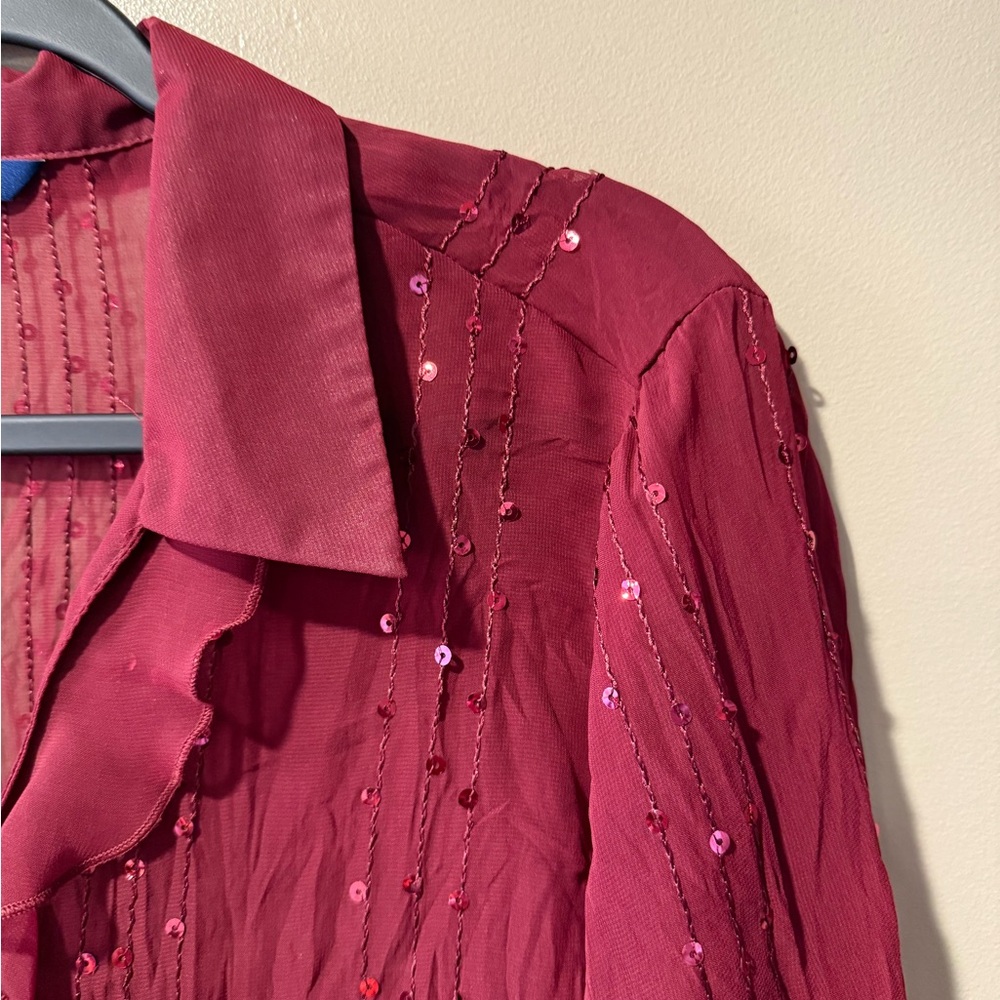 Reitmans Burgundy Sheer Sparkly Top with Ruffles & Sequin Embellishment - Picture 9 of 13